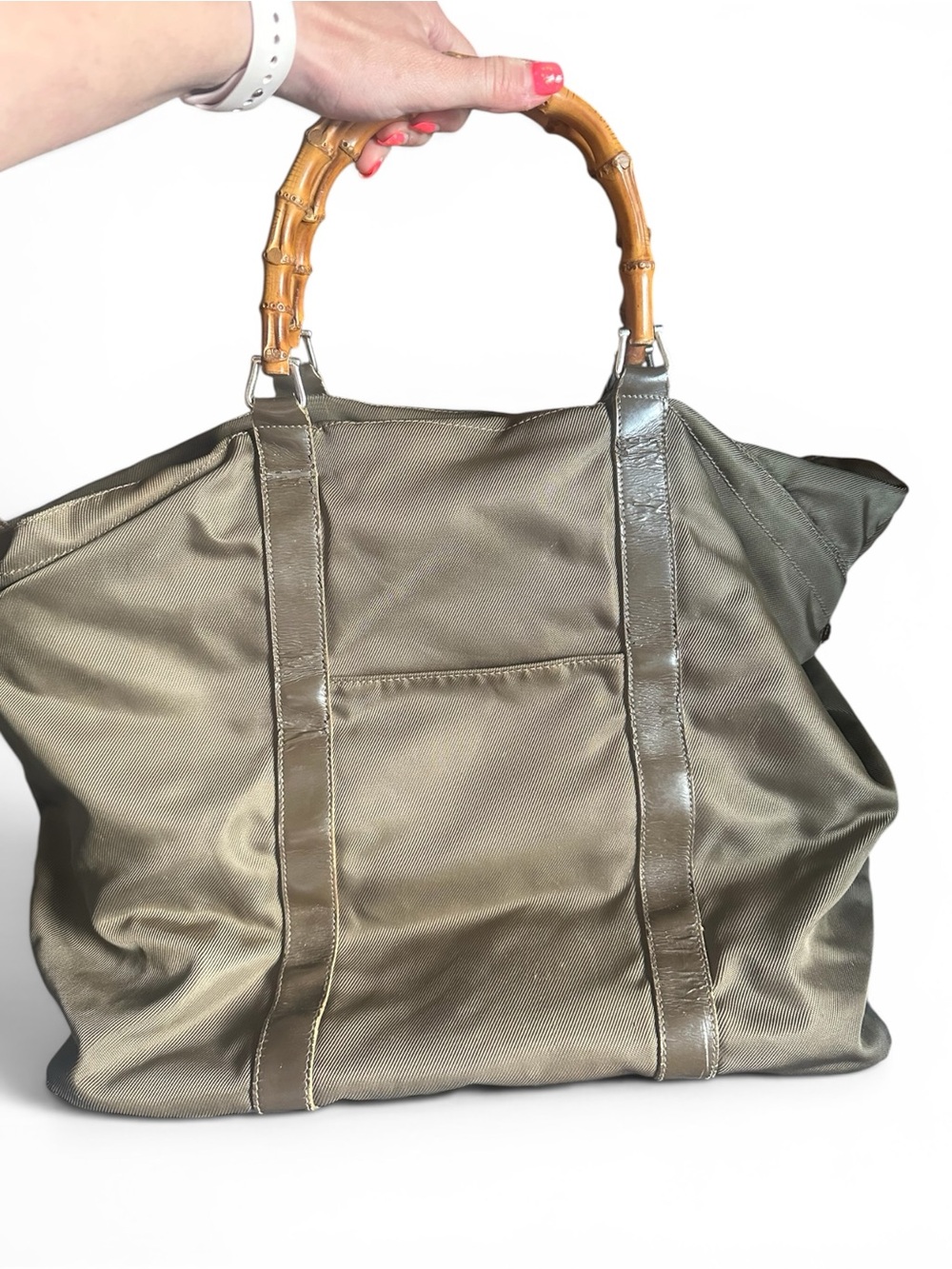Gucci Vintage Bamboo Handle Nylon Large Shopper Tote in Olive Green